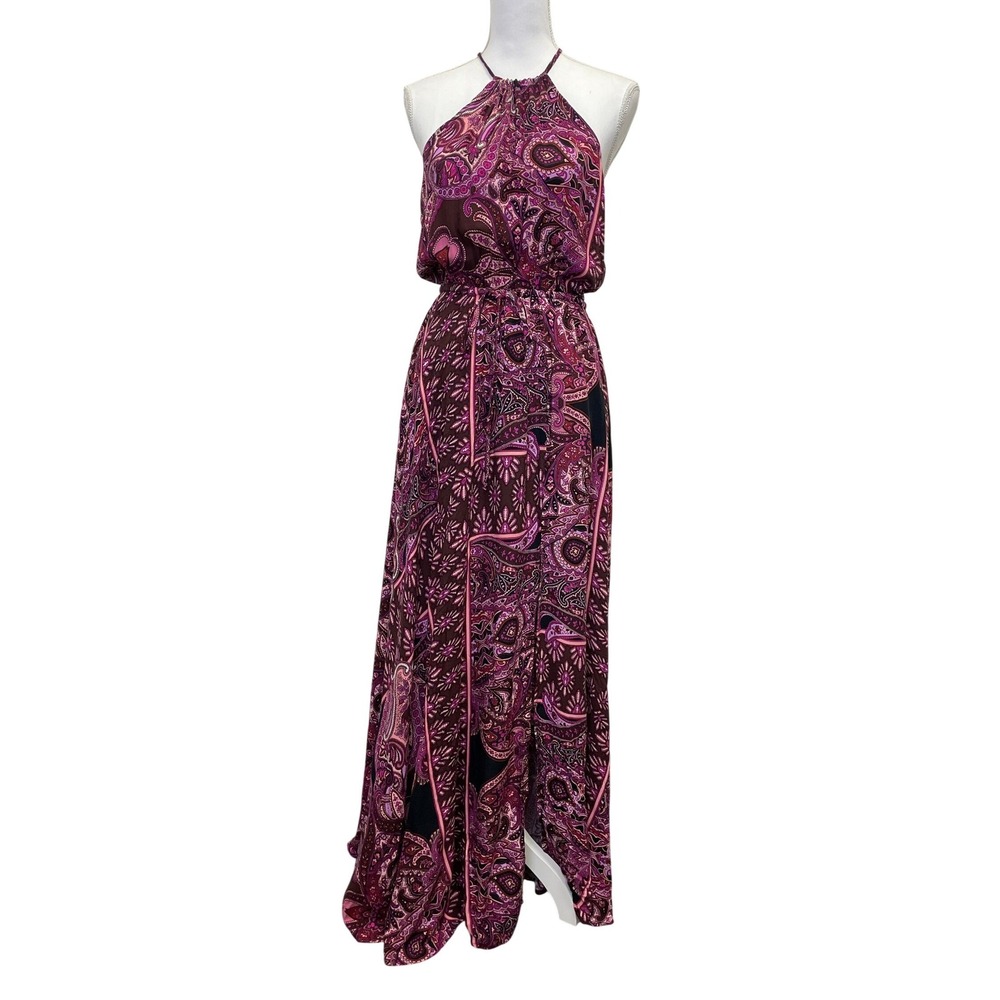 NWT VICI Boho Paris Paisley Adjustable Halter Maxi Dress M Purple Burgundy